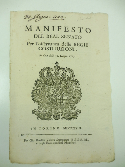 Manifesto del Real Senato per l'osservanza delle regie costituzioni in data delli 30 giugno 1723